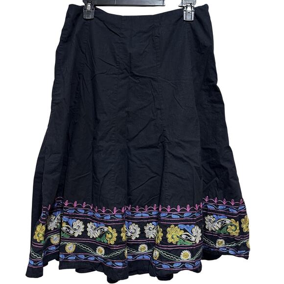 Modern Images Skirt Womens 14 Black Embroidered Floral Boho A-Line Cotton Border - Picture 1 of 5